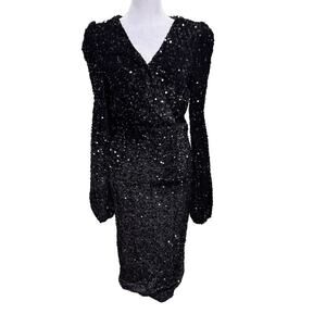 Ricaarica Black Sequin Dress Size Medium Formal Black Tie Midi Stretch